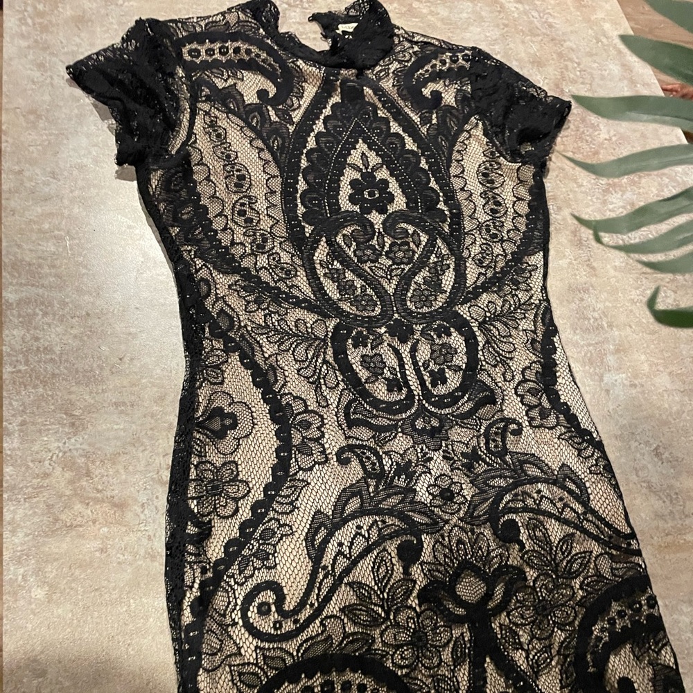 Black and tan laced Chinese dress